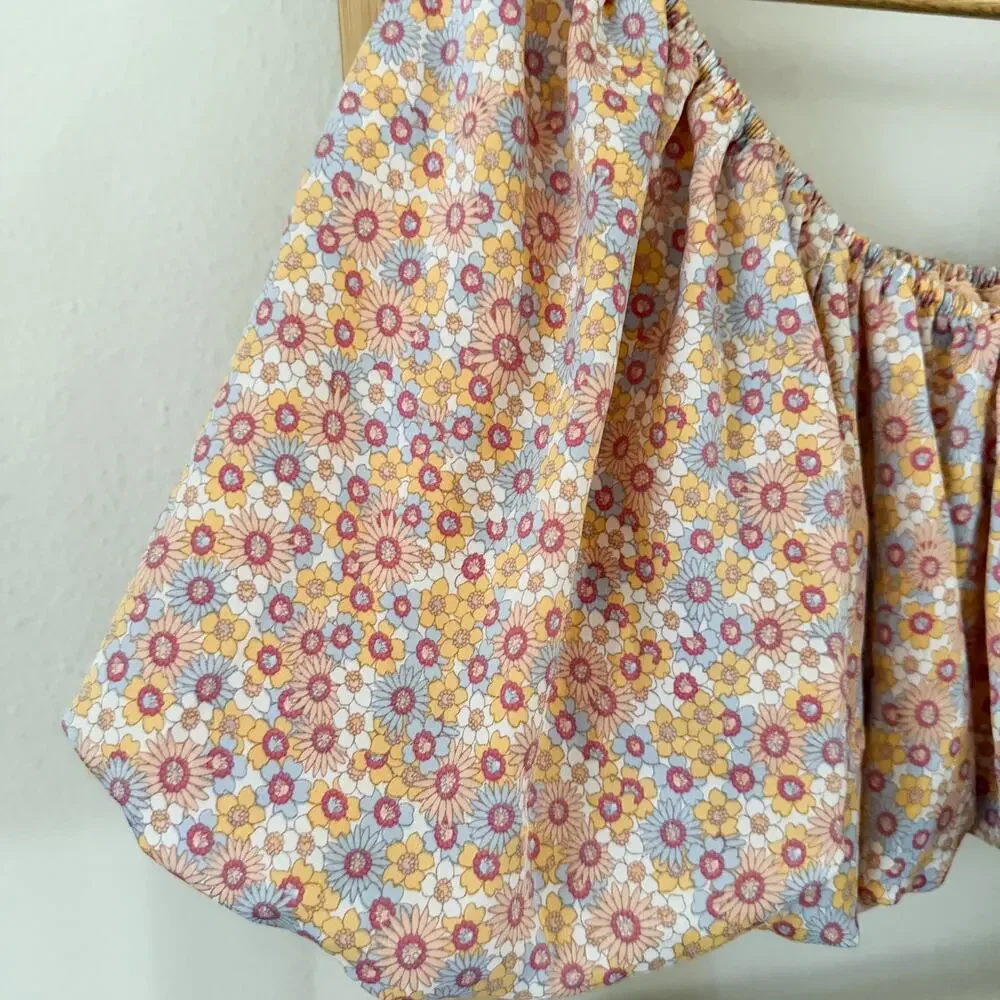 Zara Printed Satin Effect Floral Puff Sleeve Off Shoulder Crop Top Size Small